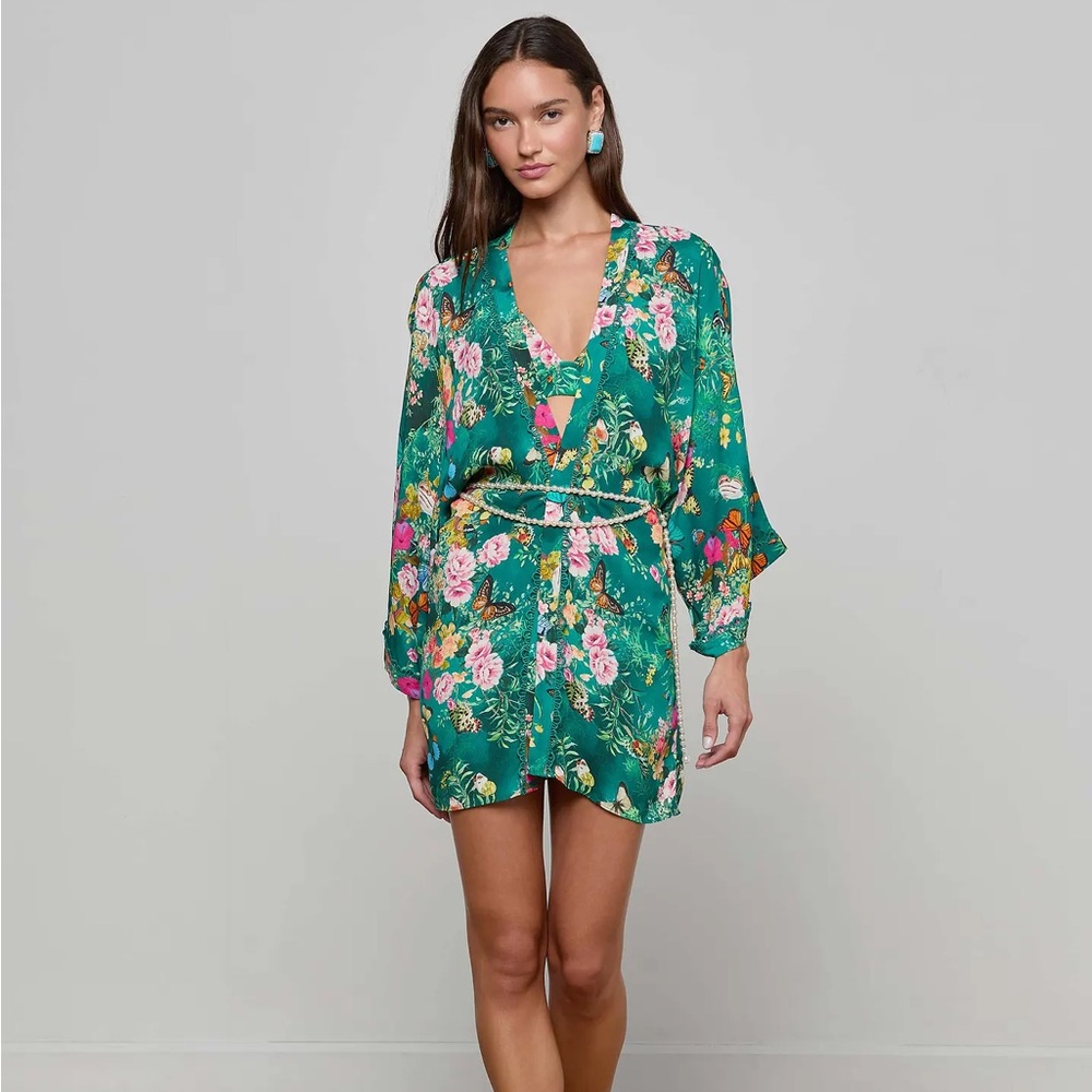L'AGENCE Caterina Cover-Up Kimono in Green Butterfly Charonda